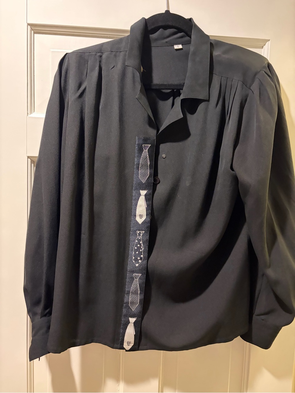 Black Button-Up Shirt with Contrast Tie-Print Placket, Oversized Size Small